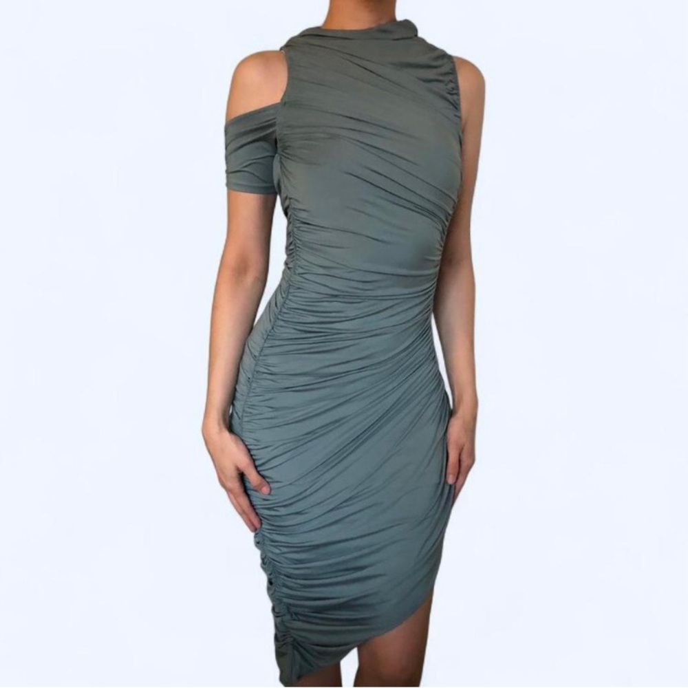 Missguided Olive Cold-Shoulder Ruched Bodycon Mini Dress